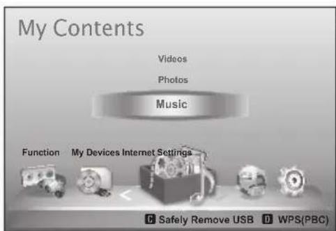 My Contents Videos Photos Music Function My Devices Internet Settings C Safely Remove USB D WPS(PBC)