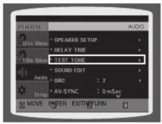 SYKUER AUDIO Disc Menu * SPEAKER SETUP * DELAY TIME Title Menu * TEST TONE * SOUND EDIT * OBC : 2 * AV-SYNC : 0mSec Audio Setup MOVE ENTER EXITRETURN