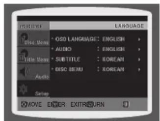 PROSPECTR LANGUAGE • OSD LANGUAGE: ENGLISH • AUDIO : ENGLISH • SUBTITLE : KOREAN • DISC MENU : KOREAN Setup MOVE ENTER EXITRETURN