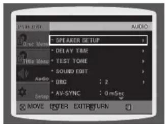 AV-ASUSET Audio One Menu SPEAKER SETUP DELAY TIME TEST TONE SOUND EDIT DRC : 2 AV-SYNC : 0mSec Text Menu Audio Setup MOVE ENTER EXIT RETURN