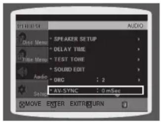 AVI RESEVER Audio Disse Menu • SPEAKER SETUP • DELAY TIME • TEST TONE • SOUND EDIT • ORC : 2 • AV-SYNC : 0 mSec • MOVE ENTER EXIT/RETURN