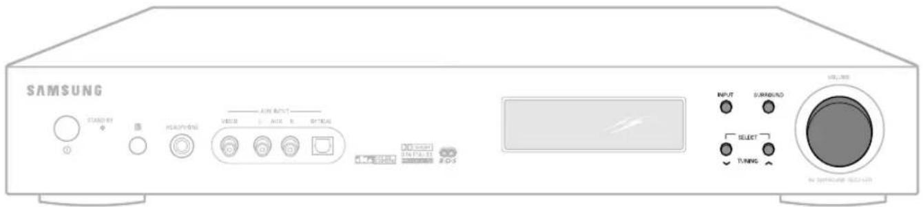 SAMSUNG STAND BY R HEAPYING VOCER L AIR R OPTICAL INPUT SURROUND SELECT TURING INFLUORE IN SENSORS 100%+5W