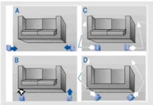 Four-panel diagram showing a 3D furniture model with directional arrows indicating movement or rotation (no text or symbols)