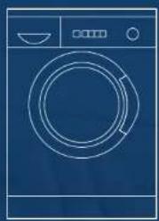 Line drawing of a blue washing machine with no text or symbols