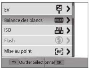 EV Balance des blancs ISO Flash Mise au point Outter Selectionner OK