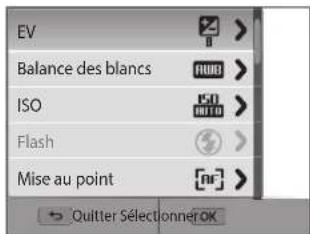 EV Balance des blancs ISO Flash Mise au point Exporter Selection non OK