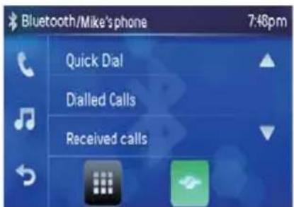 Bluetooth/Mike's phone 7:48pm Quick Dial Dialled Calls Received calls