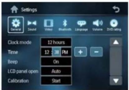Settings General Sound Video Bluetooth Language Volume DVD rating Clock mode 12 hours Time 12:38 PM Beep On LCD panel open Auto Calibration Start