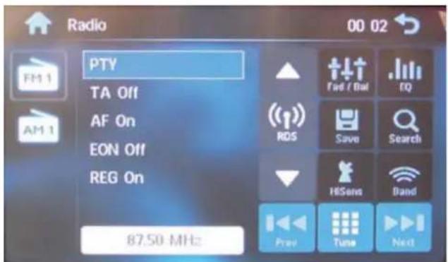 Radio 00 02 FTM1 PTY TA Off AF On EON Off REG On 87.50 MHz FM1 AM1 Rad / Dot EQ RDS Save Search HiSens Band Prev Time Next