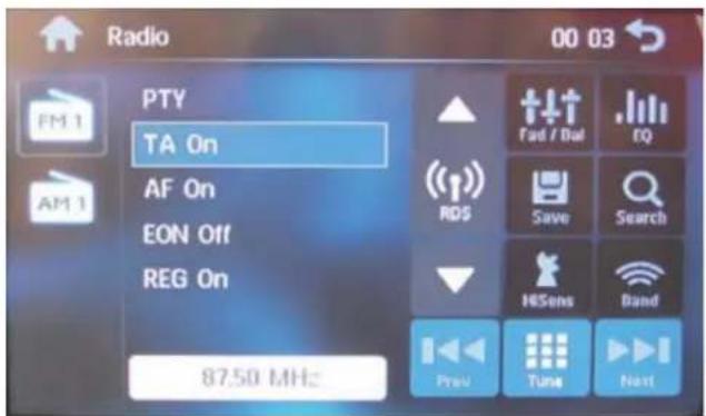 Radio 00 03 FTM 1 AM 1 PTY TA On AF On EON Off REG On 87.50 MHz Fad / Dial EQ RDS Save Search HESens Band Prev Tung Next