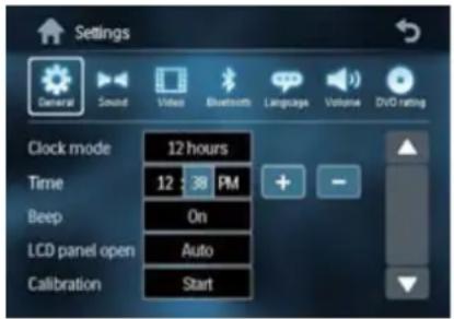 Settings General Sound Videos Bluetooth Language Volume DVD rating Clock mode 12 hours Time 12:38 PM Beep On LCD panel open Auto Calibration Start