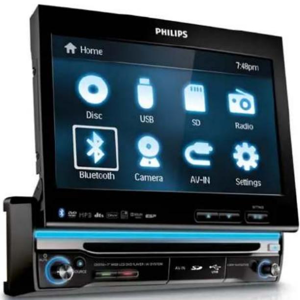 PHILIPS Home 7:48pm Disc USB SD Radio Bluetooth Camera AV-IN Settings HPS MOSI USB AV-IN SD USB