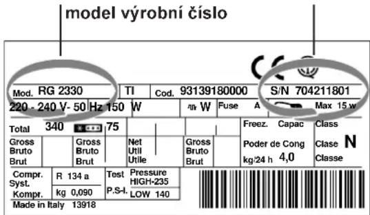 model výrobní číslo Mod. RG 2330 TI Cod. 93139180000 S/N 704211801 220 - 240 V- 50 Hz 150 W W Fuse A Max 15 w Total 340 75 Gross Bruto Brut Gross Bruto Brut Net Util Utile Gross Bruto Brut Freez. Capac Poder de Cong kg/24 h 4,0 Class N Classe Compr. R 134 a Test Pressure HIGH-235 Syst. P.S.I. Kompr. kg 0,090 LOW 140 Made in Italy 13918