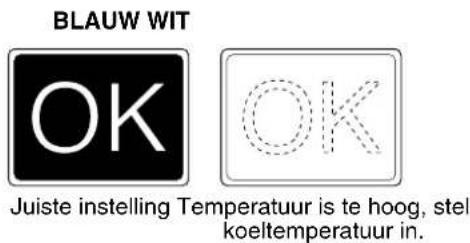 BLAUW WIT OK OK Juiste instelling Temperatuur is te hoog, stel koeltemperatuur in.