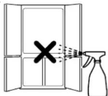 Diagram showing a spray bottle spraying disinfectant into a window with a cross symbol, likely illustrating a chemical or disinfection procedure.