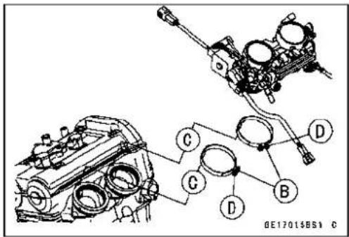 Technical diagram of engine cylinder assembly with labeled components A, B, C, D and a reference number below