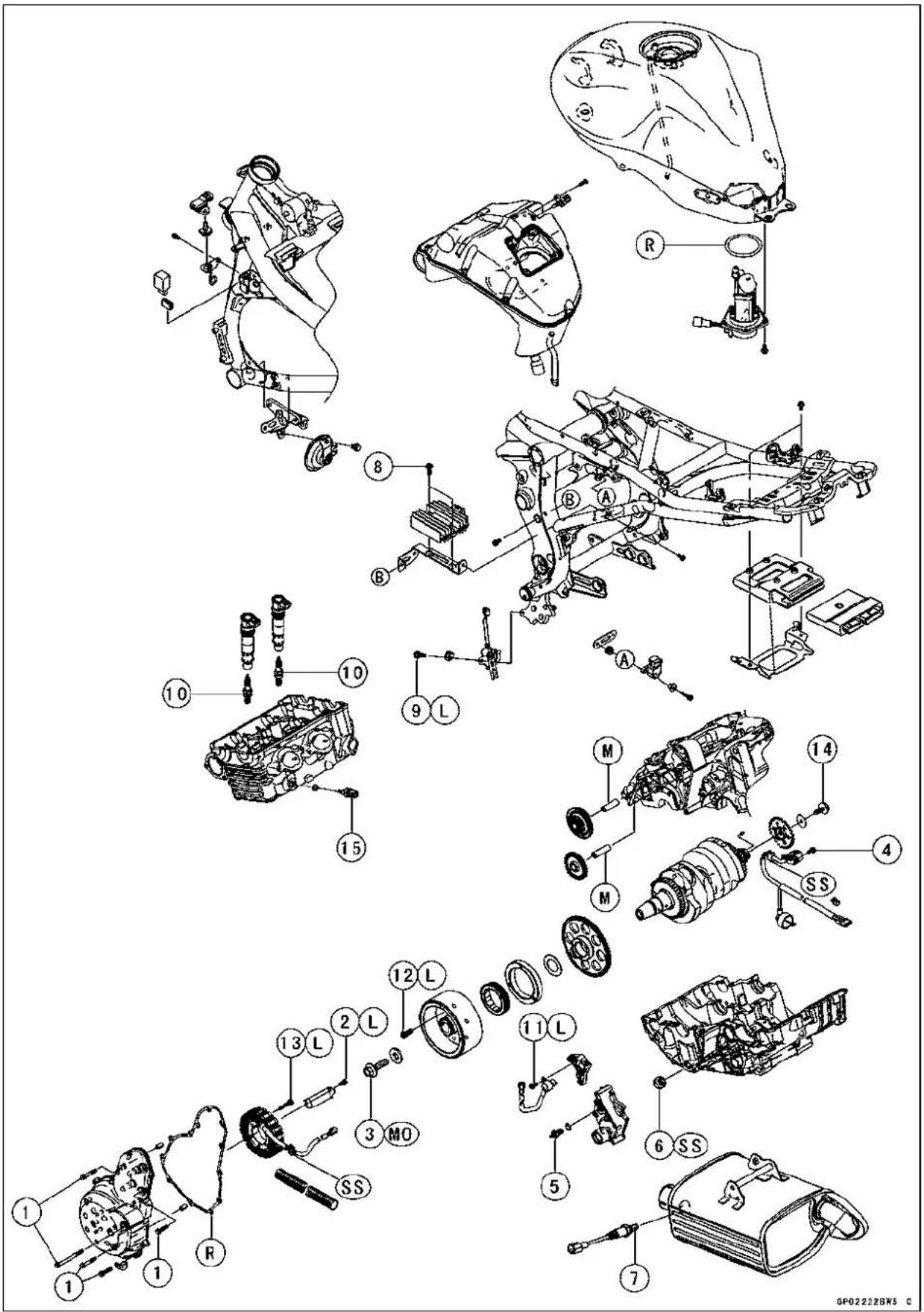 Exploded view diagram of automotive engine components with numbered parts and labels