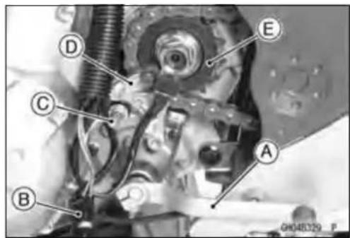 Technical diagram of a mechanical assembly with labeled parts A, B, C, D, and E