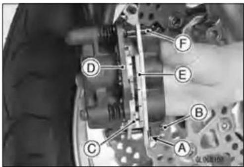 Labeled mechanical assembly diagram showing components A through F with numbered parts
