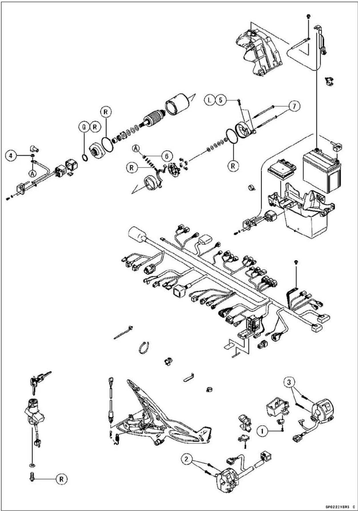 Exploded view diagram of a mechanical assembly with numbered components and labeled parts (A, B, C, D, E, F, G, H, I, J, K, L, M, N)