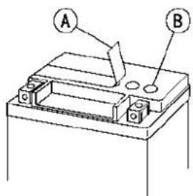 Technical diagram of a battery with labeled terminals A and B, showing internal structure and connection points.