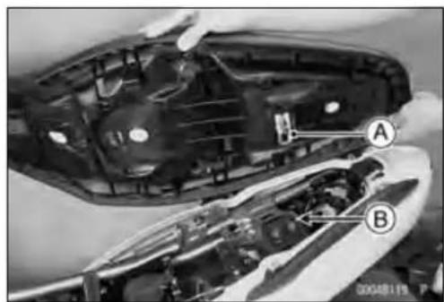 Technical diagram of a car interior with labeled parts A and B, showing mechanical components and wiring.