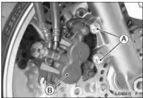 Close-up mechanical diagram of a brake system with labeled components A and B