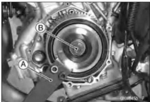 Technical diagram of an engine component with labeled parts A and B, showing mechanical assembly and wiring.