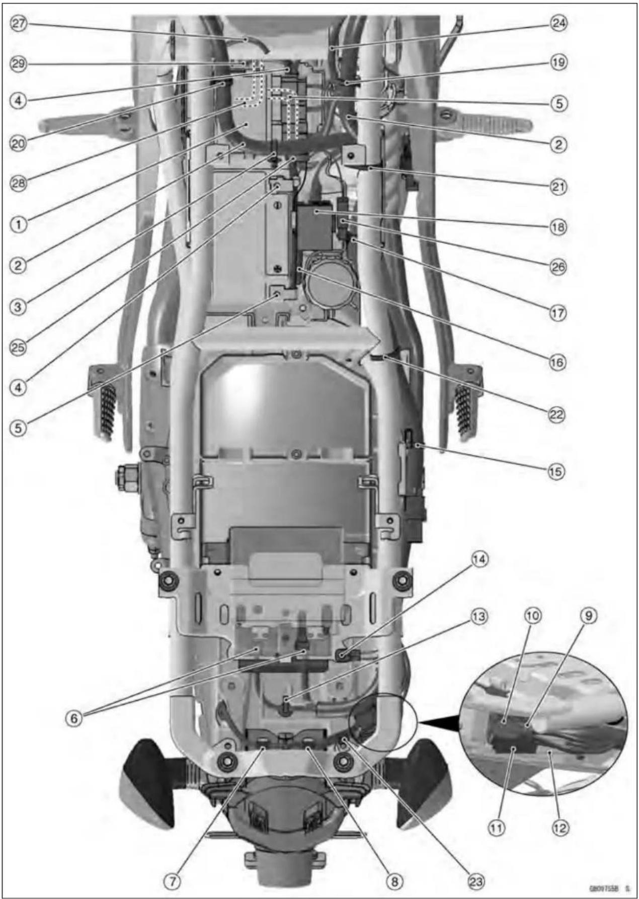 Technical diagram of a mechanical device with numbered components and an inset close-up view of internal structure.