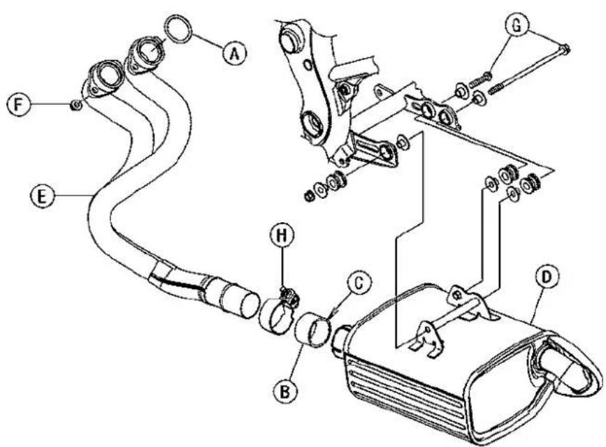 Technical diagram of a mechanical assembly with labeled parts A through H, showing connections between components like hoses and a device.