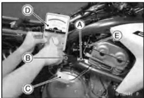 Labeled diagram of a motorcycle diagnostic setup showing hands operating a multimeter with parts A, B, C, D, and E marked.