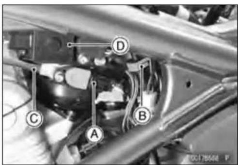Technical diagram of a vehicle's internal components with labeled parts A, B, C, and D