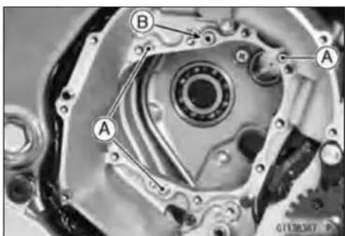 Technical diagram of a mechanical clutch with labeled parts A and B, showing internal components and assembly details.