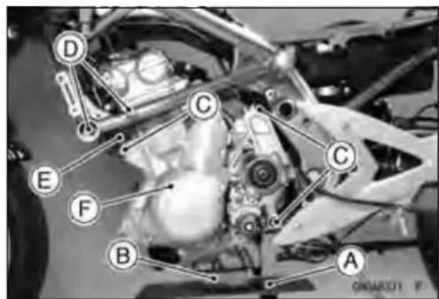 Labeled mechanical assembly diagram with numbered components A through F