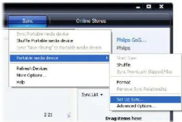 Sync Online Stores Sync Portable media device Shuffle Portable media device Sync "Now Playing" to Portable media device Portable media device Refresh Devices More Options... Help 2 21 Sync List Philips GoG... Philips Start Sync Shuffle Sync Previously Skipped Files Format Remove Sync Relationship Set Up Sync... Advanced Options... Drag items here