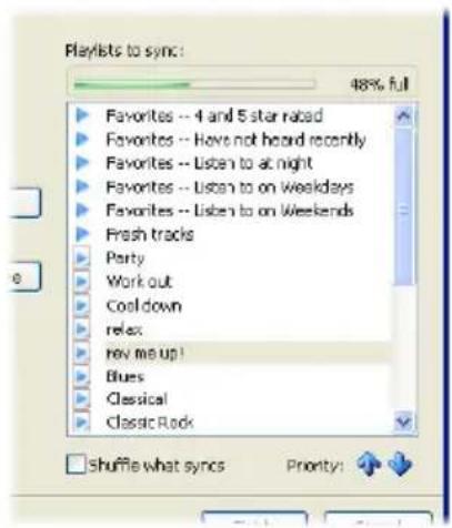 Playlists to sync: 48% full Favorites -- 4 and 5 star rated Favorites -- Have not heard recently Favorites -- Listen to at night Favorites -- Listen to on Weekdays Favorites -- Listen to on Weekends Fresh tracks Party Work out Cool down relax rev me up! Blues Classical Classic Rock shuffle what syncs Priority: