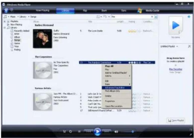 Windows Media Player New Playing Library Pop Bam Sync Media Guide Music • Library • Songs Playlets New Placing Library Recently Added Artist Album Songs Genre Vice Rating Barbara Streetand Guilty Barbara Streetand Easy-Bloming 1990 5 The Love Inside 5:00 Behind... The Carpenters As Time Goes By The Carpenters Pop 2001 13 The Rainbow Connection 8:30 Play All Play Add to "Untitled Playlist" Add to Edit Rate Abandoned Tap/Bit Pred Album Duty Various Artists Jazz PM - The Albums (2... 1 La'ts Get It Or Various Artists 2 Vish I Don't P Jazz Sichuanest 5 Pulse Guide in 2003 4 Can't Get Me. 5 That Lady (pre) 17 Still Haven't Found (About ... 0.29 Play All Play Add to "Untitled Playlist" Add to Edit Rate Abandoned Tap/Bit Pred Album Duty Creator Property Open File Location Save Playlist
