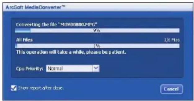ArcSoft MediaConverter™ Converting the file "MOV00800.MPG" All Files 1% This operation will take a while, please be patient. Cpu Priority: Normal ✓ Show report after dose. Cancel