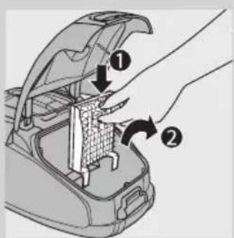 Diagram showing a hand inserting a component into a device with numbered arrows indicating steps 1 and 2.