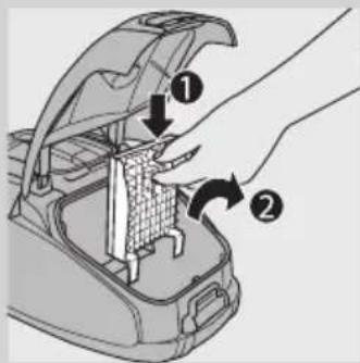 Diagram showing a hand inserting a component into a device with labeled parts ① and ②