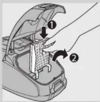 Diagram showing a hand inserting a component into a car's rear compartment, with numbered arrows indicating parts of the main structure.