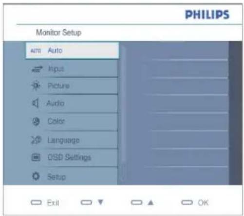 PHILIPS Monitor Setup Auto Auto Input Picture Audio Color Language OSD Settings Setup Exit OK