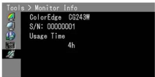 Tools > Monitor Info ColorEdge CG243W S/N: 00000001 Usage Time 4h