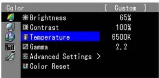Color Brightness 65% Contrast 100% Temperature 6500K Gamma 2.2 Advanced Settings > Color Reset