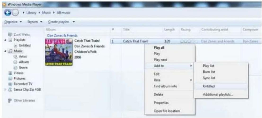 Windows Media Player Library Music All music Organize Stream Create playlist Zurit Weiss Playlists Untitled Music Artist Album Genre Videos Pictures Recorded TV Sansa Clip Zip 4GB Other Libraries Album Dan Zanes & Friends Catch That Train! Dan Zanes & Friends Children's/Folk 2006 1 Catch That Train! 3:20 Play all Play Play next Add to Play list Burn list Sync list Untitled Find album info Delete Properties Open file location