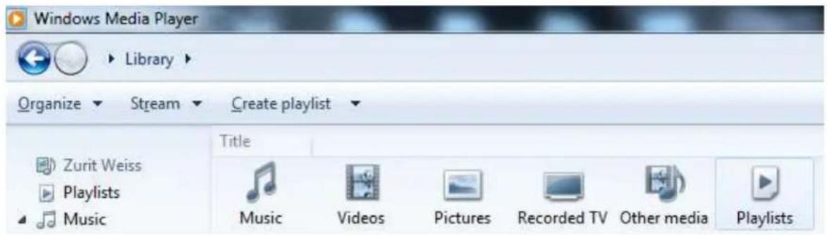 Windows Media Player Library Organize Stream Create playlist Title Zurit Weiss Playlists Music Music Videos Pictures Recorded TV Other media Playlists