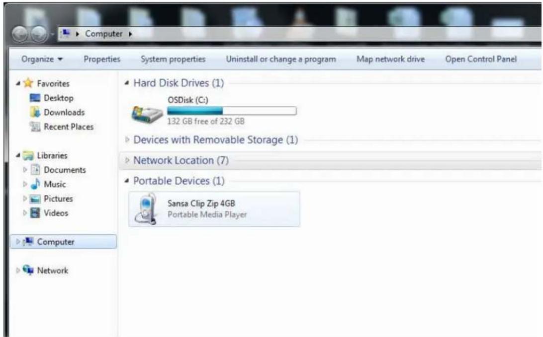Computer Organize Properties System properties Uninstall or change a program Map network drive Open Control Panel Favorites Desktop Downloads Recent Places Libraries Documents Music Pictures Videos Computer Network Hard Disk Drives (1) OSDisk (C:) 132 GB free of 232 GB Devices with Removable Storage (1) Network Location (7) Portable Devices (1) Sansa Clip Zip 4GB Portable Media Player