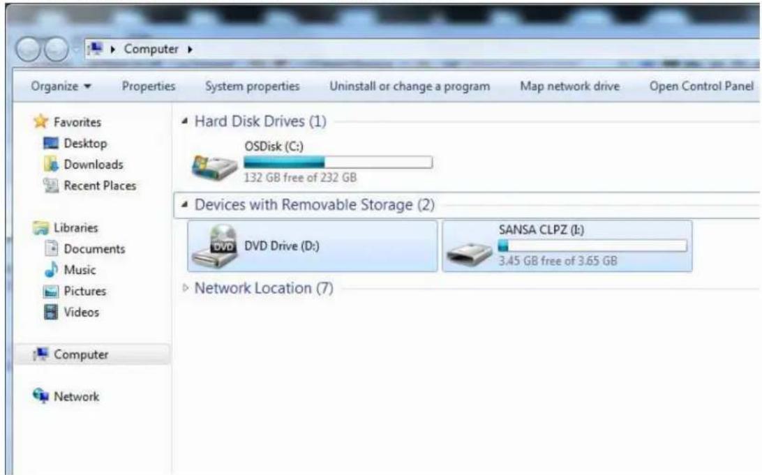 Computer Organize Properties System properties Uninstall or change a program Map network drive Open Control Panel Favorites Desktop Downloads Recent Places Libraries Documents Music Pictures Videos Computer Network Hard Disk Drives (1) OSDisk (C:) 132 GB free of 232 GB Devices with Removable Storage (2) DVD Drive (D:) SANSA CLPZ (I:) 3.45 GB free of 3.65 GB Network Location (7)