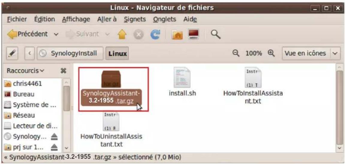 Linux - Navigateur de fichiers Fichier Édition Affichage Aller à Signets Onglets Aide Précédent Suivant SynologyInstall Linux 100% Vue en icônes Raccourcis chris4461 Bureau Système de ... Réseau Lecteur de di... Synology... prj sur 1... SynologyAssistant-3.2-1955 .tar.gz install.sh HowToInstallAssista nt.txt Instr (1) B HowToUninstallAssis tant.txt « SynologyAssistant-3.2-1955 .tar.gz » sélectionné (7,0 Mio)