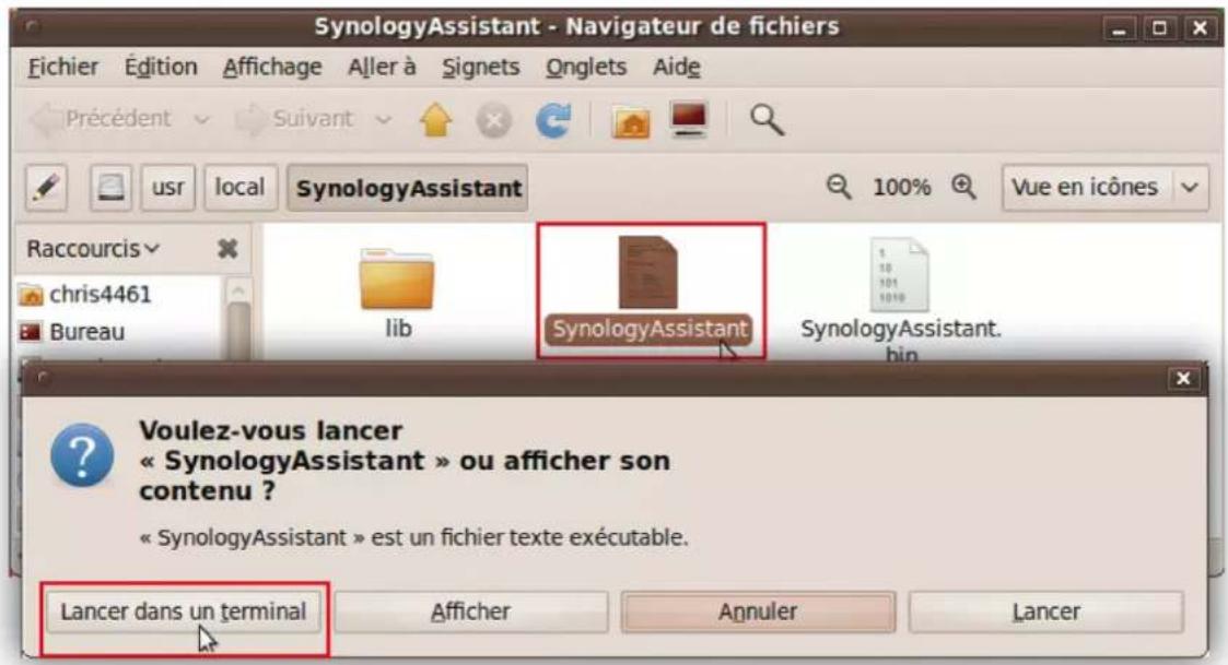 SynologyAssistant - Navigateur de fichiers Fichier Édition Affichage Aller à Signets Onglets Aide Précédent Suivant usr local SynologyAssistant 100% Vue en icônes Raccourcis chris4461 Bureau lib SynologyAssistant SynologyAssistant. bin Voulez-vous lancer « SynologyAssistant » ou afficher son contenu ? « SynologyAssistant » est un fichier texte exécutable. Lancer dans un terminal Afficher Annuler Lancer